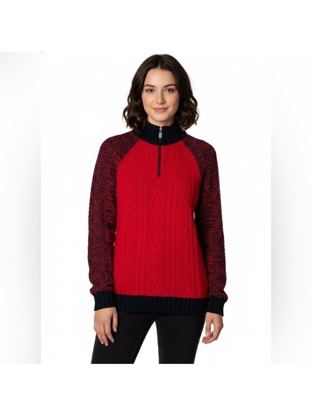 COTTON COUNTRY 100% Cotton Red Black 1/4 Zip Sweater Stand Up Collar US Sz M